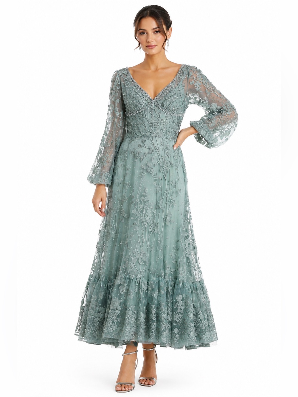 Embroidered V-Neck Maxi Dress in Sage Green - Picture 1 of 6